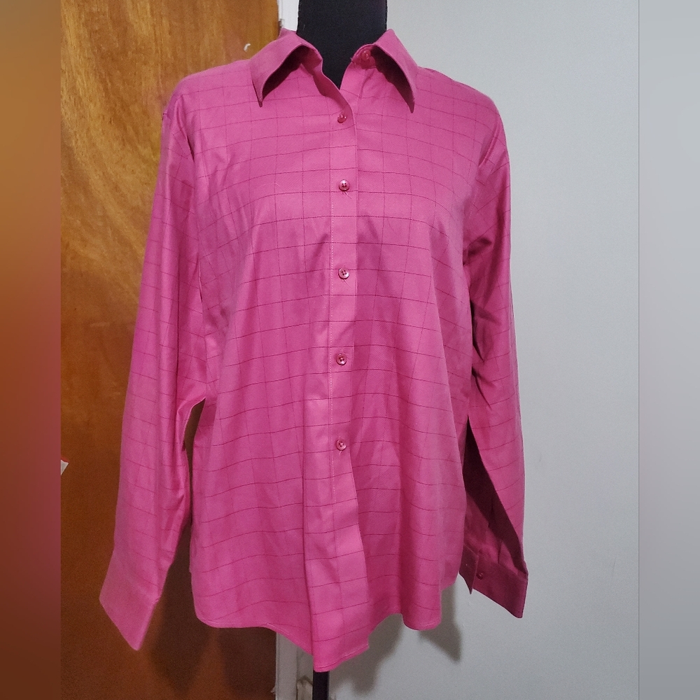 Talbots Petite 12 Pink Windowpane Wrinkle Resistant  Button Down Career Blouse